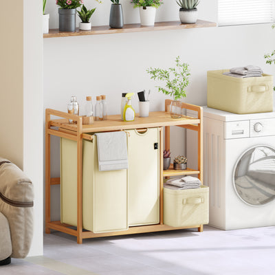 AdelDream Wäschekorb 4 Fächer Wäschesammler 140L Wäscheboxen Mit Korb Wäschesortierer mit 2 Wäschesäcken & 2 Stoffboxen mit Ablage Wäschesack Bambus Wäscheregal Wäschebox Laundry