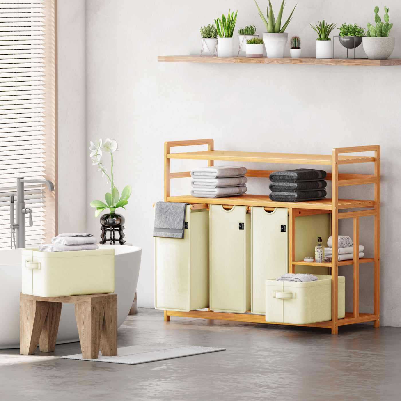 AdelDream Wäschekorb 5 Fächer 2 Regale Wäschesammler 190L Wäscheboxen Mit Korb Wäschesortierer mit 3 Wäschesäcken & 2 Stoffboxen Wäschesack Bambus Wäscheregal Wäschebox Laundry basket