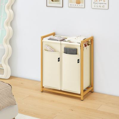 AdelDream Wäschekorb Kleidersortierer 2 Fächer Wäschewagen mit abnehmbaren Taschen Kleidersammler Bambus 100L