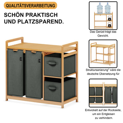 AdelDream Wäschekorb 4 Fächer Wäschesammler 140L Wäscheboxen Mit Korb Wäschesortierer mit 2 Wäschesäcken & 2 Stoffboxen mit Ablage Wäschesack Bambus Wäscheregal Wäschebox Laundry