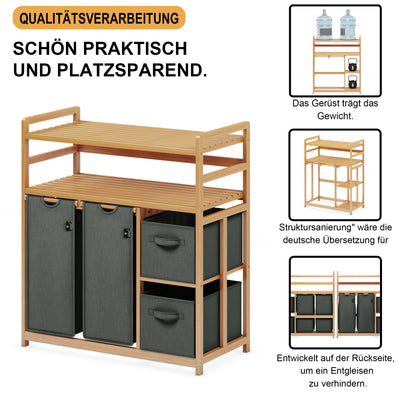 AdelDream Wäschekorb 4 Fächer 2 Regale Wäschesammler 140L Wäscheboxen Mit Korb Wäschesortierer mit 2 Wäschesäcken & 2 Stoffboxen Wäschesack Bambus Wäscheregal Wäschebox Laundry basket