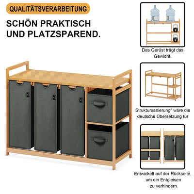 AdelDream Wäschekorb 5 Fächer Wäschesammler 190L Wäscheboxen Mit Korb Wäschesortierer mit 3 Wäschesäcken & 2 Stoffboxen mit Ablage Wäschesack Bambus Wäscheregal Wäschebox Laundry basket