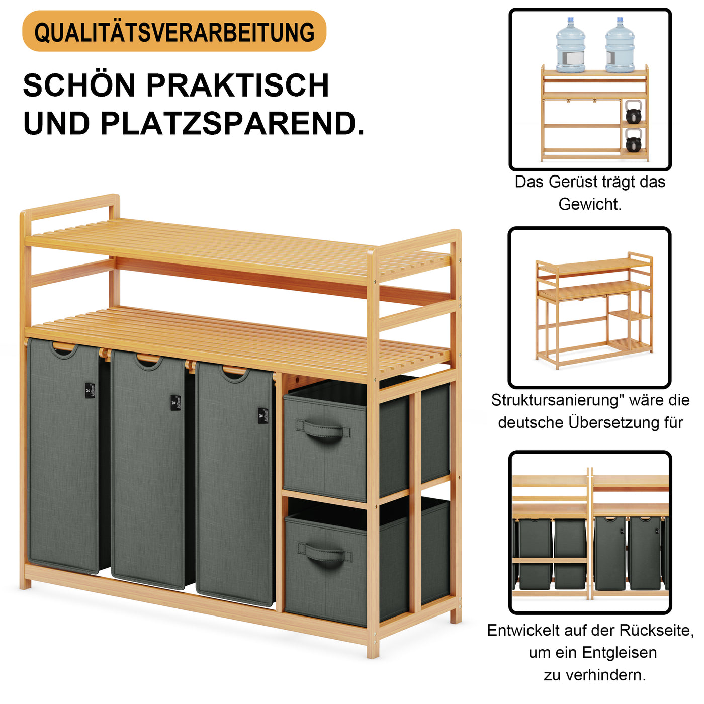 AdelDream Wäschekorb 5 Fächer 2 Regale Wäschesammler 190L Wäscheboxen Mit Korb Wäschesortierer mit 3 Wäschesäcken & 2 Stoffboxen Wäschesack Bambus Wäscheregal Wäschebox Laundry basket