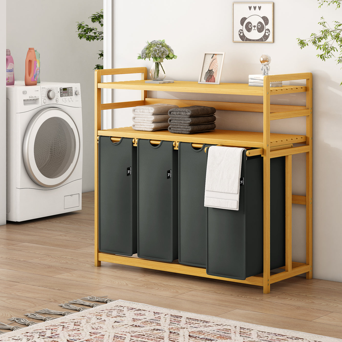 AdelDream Wäschekorb Wäschesortierer mit Regalen 4 Fächer 2 Ablagen Wäschebox Bambus Wäschesack ausziehbar und abnehmbar Laundry Basket 200L Grau