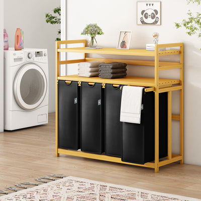 AdelDream Wäschekorb Wäschesortierer mit Regalen 4 Fächer 2 Ablagen Wäschebox Bambus 200L