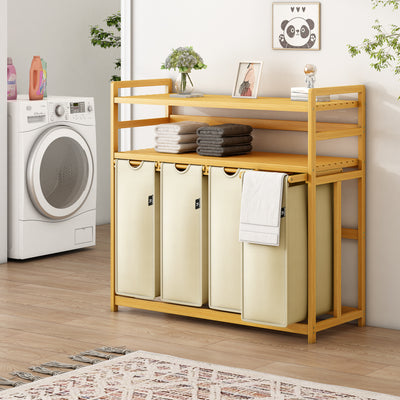 AdelDream Wäschekorb Wäschesortierer mit Regalen 4 Fächer 2 Ablagen Wäschebox Bambus 200L