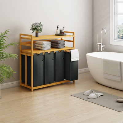 AdelDream Wäschekorb Wäschesortierer mit Regalen 4 Fächer 2 Ablagen Wäschebox Bambus Wäschesack ausziehbar und abnehmbar Laundry Basket 200L Grau
