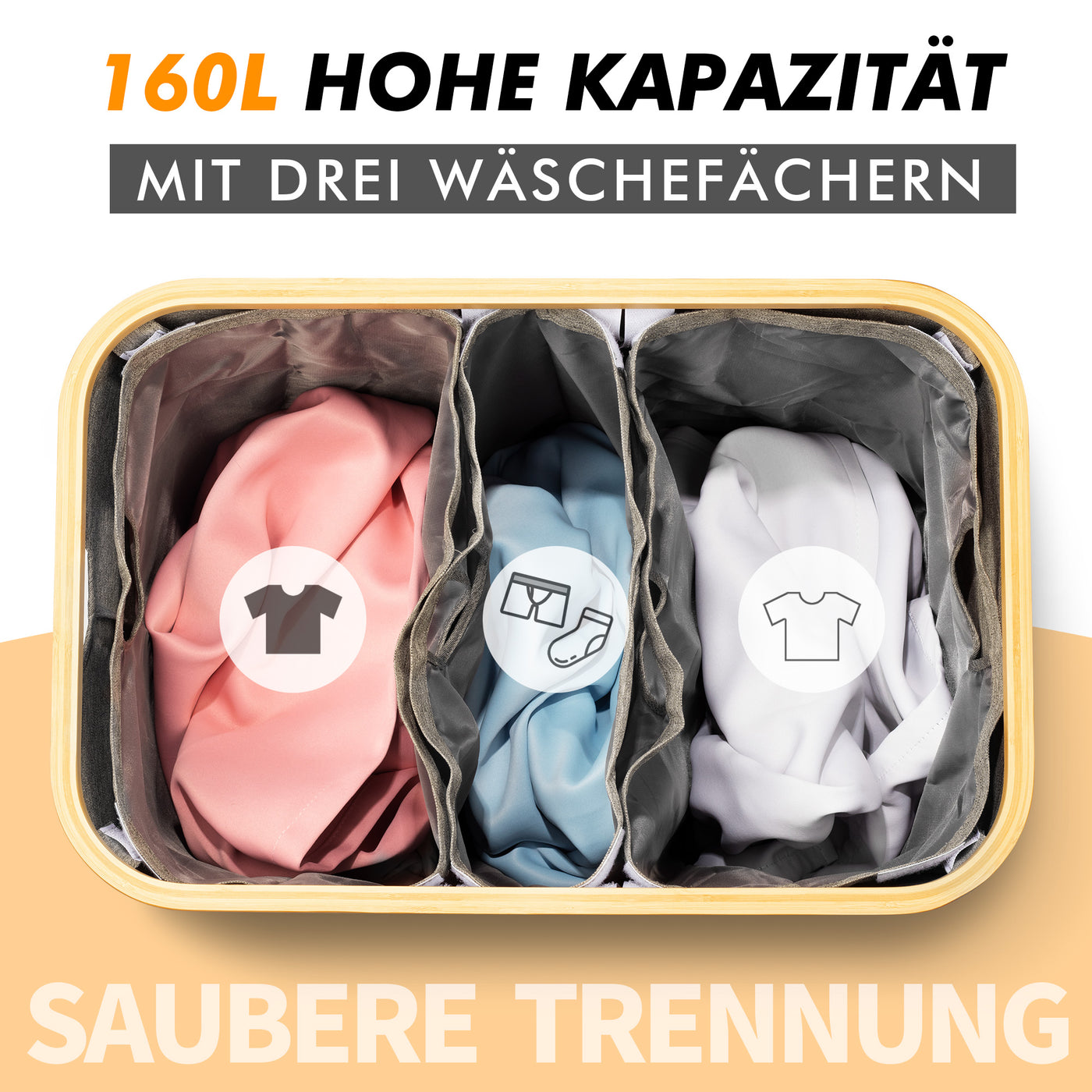 AdelDream 160L Wäschekorb mit 3 Fächern und Deckel
