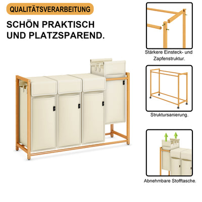 AdelDream Wäschekorb Kleidersortierer auf Rollen4 FächerWäschewagen mit abnehmbaren Taschen Kleidersammler Bambus 200L
