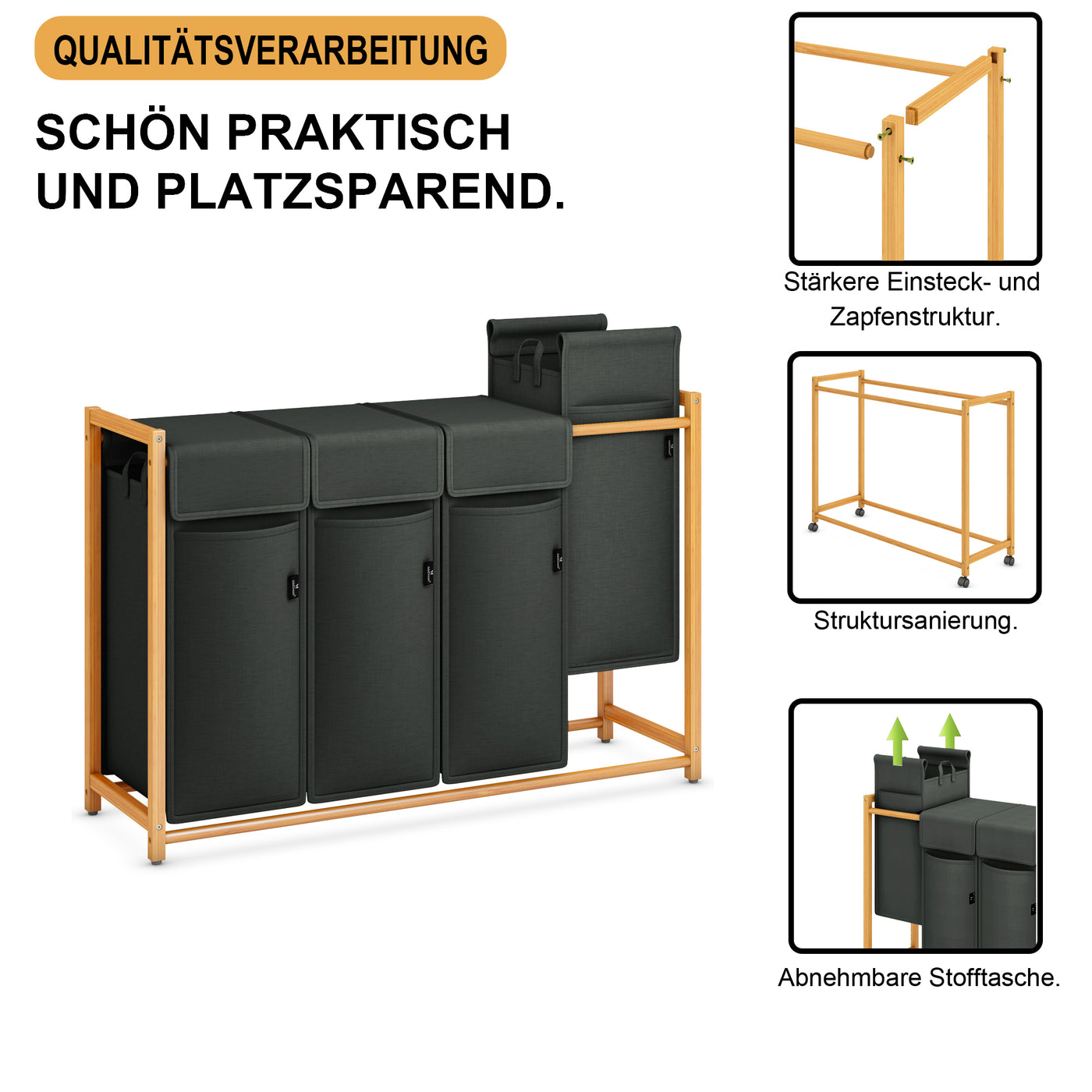 AdelDream Wäschekorb Kleidersortierer Fächer Wäschewagen mit abnehmbaren Taschen Kleidersammler Bambus 200L Dunkelgrau