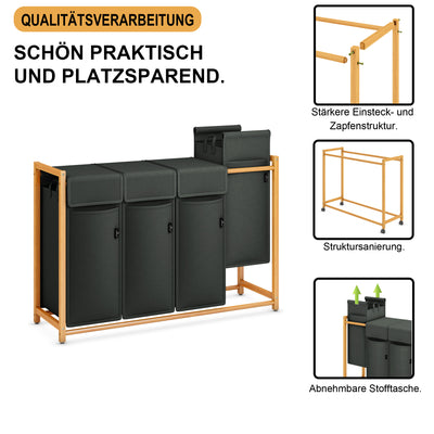 AdelDream Wäschekorb Kleidersortierer Fächer Wäschewagen mit abnehmbaren Taschen Kleidersammler Bambus 200L Dunkelgrau