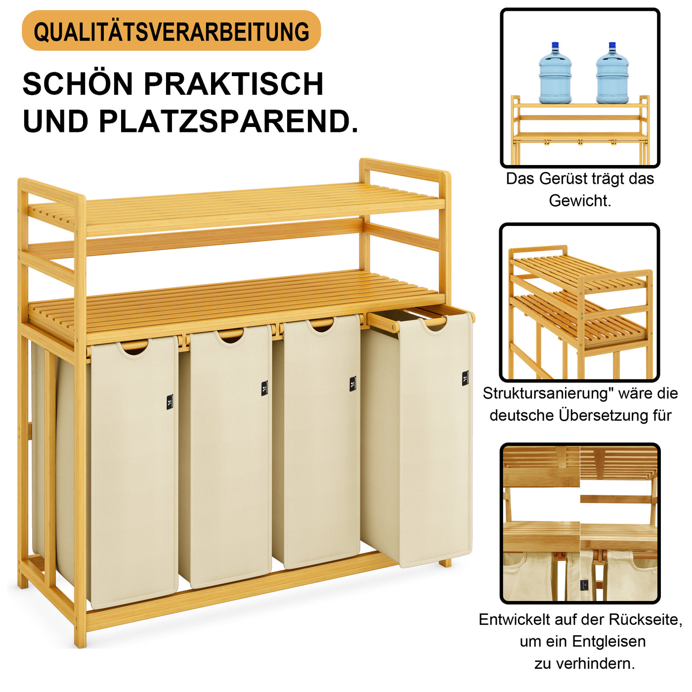 AdelDream Wäschekorb Wäschesortierer mit Regalen 4 Fächer 2 Ablagen Wäschebox Bambus 200L