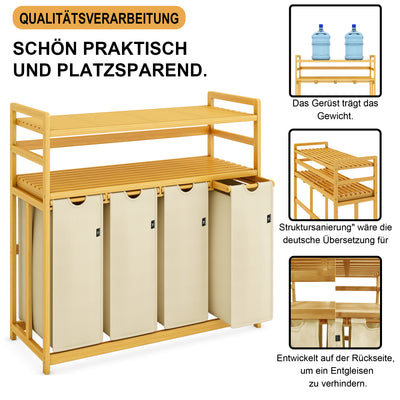 AdelDream Wäschekorb Wäschesortierer mit Regalen 4 Fächer 2 Ablagen Wäschebox Bambus 200L