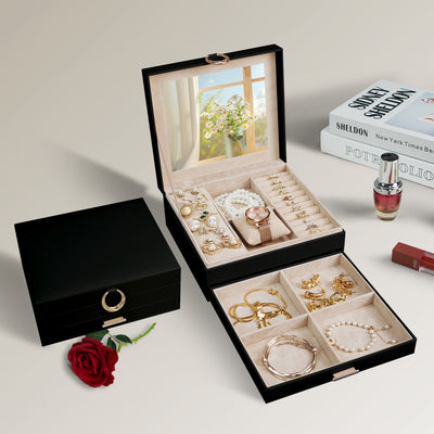 AdelDream 2-stöckig Schmuckkästchen Schmuckaufbewahrung mit ausziehbarem Tablett Schmuck Organizer mit großem Spiegel mit DIY-Struktur