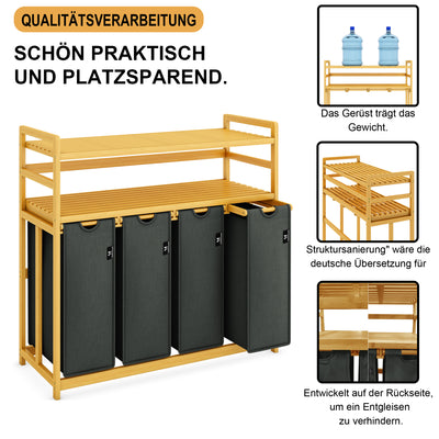 AdelDream Wäschekorb Wäschesortierer mit Regalen 4 Fächer 2 Ablagen Wäschebox Bambus Wäschesack ausziehbar und abnehmbar Laundry Basket 200L Grau