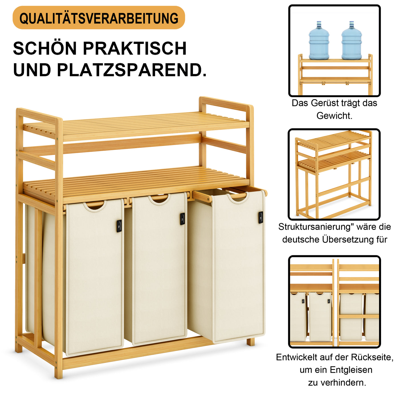 AdelDream Wäschekorb, 150 l, 3 Fächer,  2 Regale, ausziehbarer und abnehmbarer Wäschesack Beige