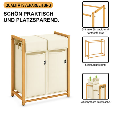 AdelDream Wäschekorb Kleidersortierer 2 Fächer Wäschewagen mit abnehmbaren Taschen Kleidersammler Bambus 100L