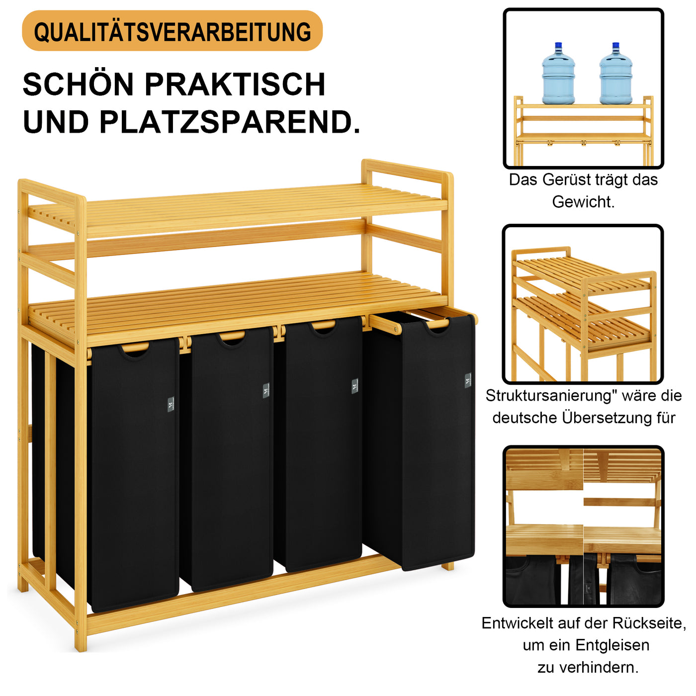 AdelDream Wäschekorb Wäschesortierer mit Regalen 4 Fächer 2 Ablagen Wäschebox Bambus 200L