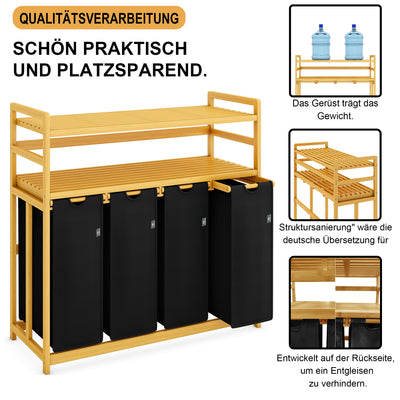 AdelDream Wäschekorb Wäschesortierer mit Regalen 4 Fächer 2 Ablagen Wäschebox Bambus 200L