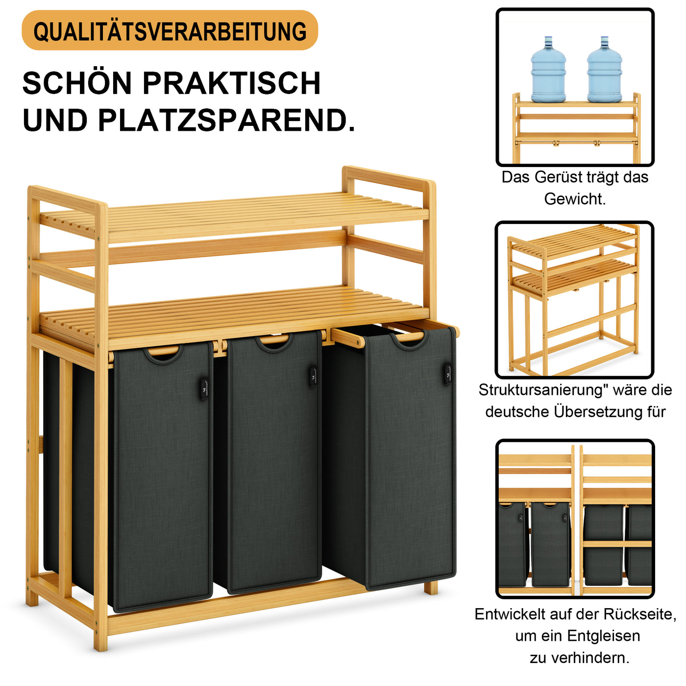 AdelDream Wäschekorb, 150 l, 3 Fächer,  2 Regale, ausziehbarer und abnehmbarer Wäschesack