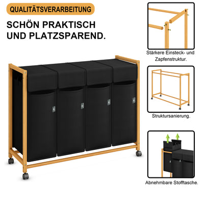 AdelDream Wäschekorb Kleidersortierer auf Rollen4 FächerWäschewagen mit abnehmbaren Taschen Kleidersammler Bambus 200L