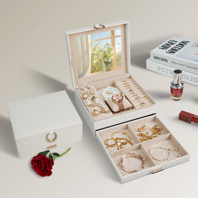 AdelDream 2-stöckig Schmuckkästchen Schmuckaufbewahrung mit ausziehbarem Tablett Schmuck Organizer mit großem Spiegel mit DIY-Struktur