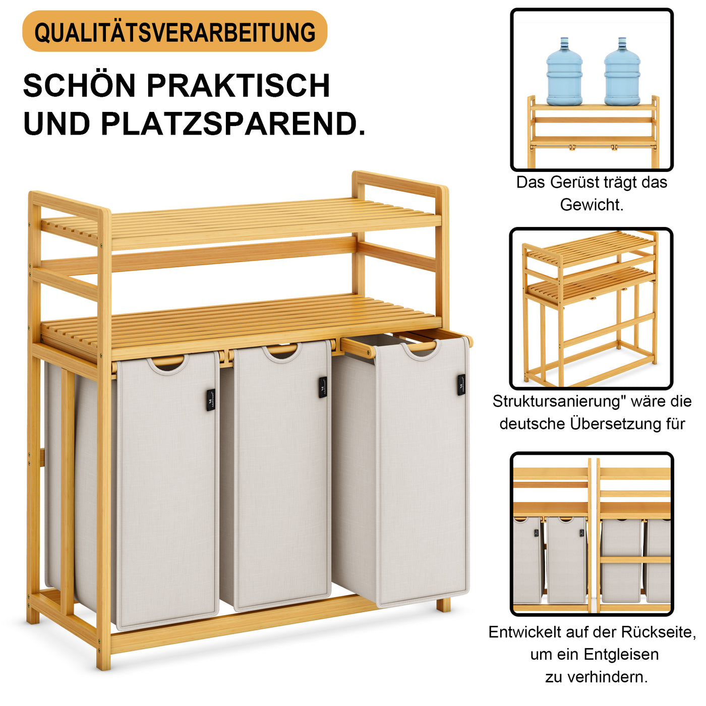 AdelDream Wäschekorb, 150 l, 3 Fächer,  2 Regale, ausziehbarer und abnehmbarer Wäschesack