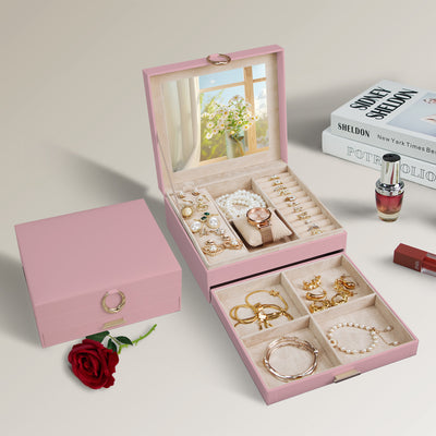 AdelDream 2-stöckig Schmuckkästchen Schmuckaufbewahrung mit ausziehbarem Tablett Schmuck Organizer mit großem Spiegel mit DIY-Struktur