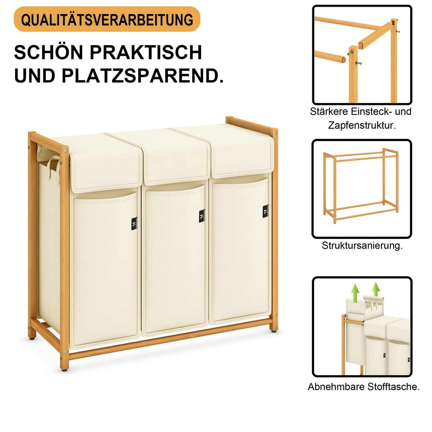 AdelDream Wäschekorb Kleidersortierer mit 3 Fächern mit abnehmbarem Wäschesack Wäschesammler aus Bambus 150L