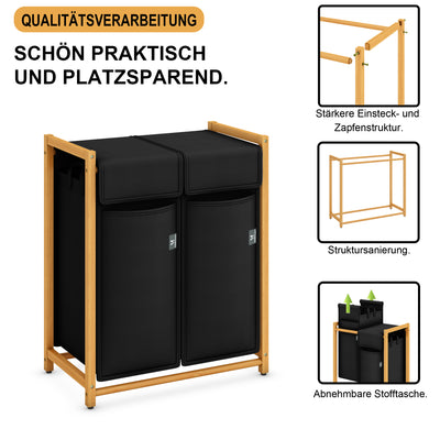 AdelDream Wäschekorb Kleidersortierer 2 Fächer Wäschewagen mit abnehmbaren Taschen Kleidersammler Bambus 100L