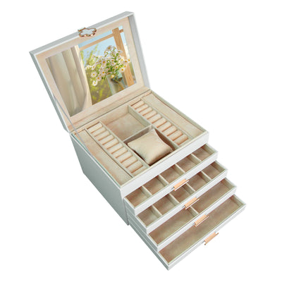 AdelDream 5-stöckige Schmuckkästchen mit Kleeblatt-Knopf Schmuckaufbewahrung mit ausziehbarem Tablett Schmuck Organizer mit großem Spiegel,DIY verstellbare Fächer
