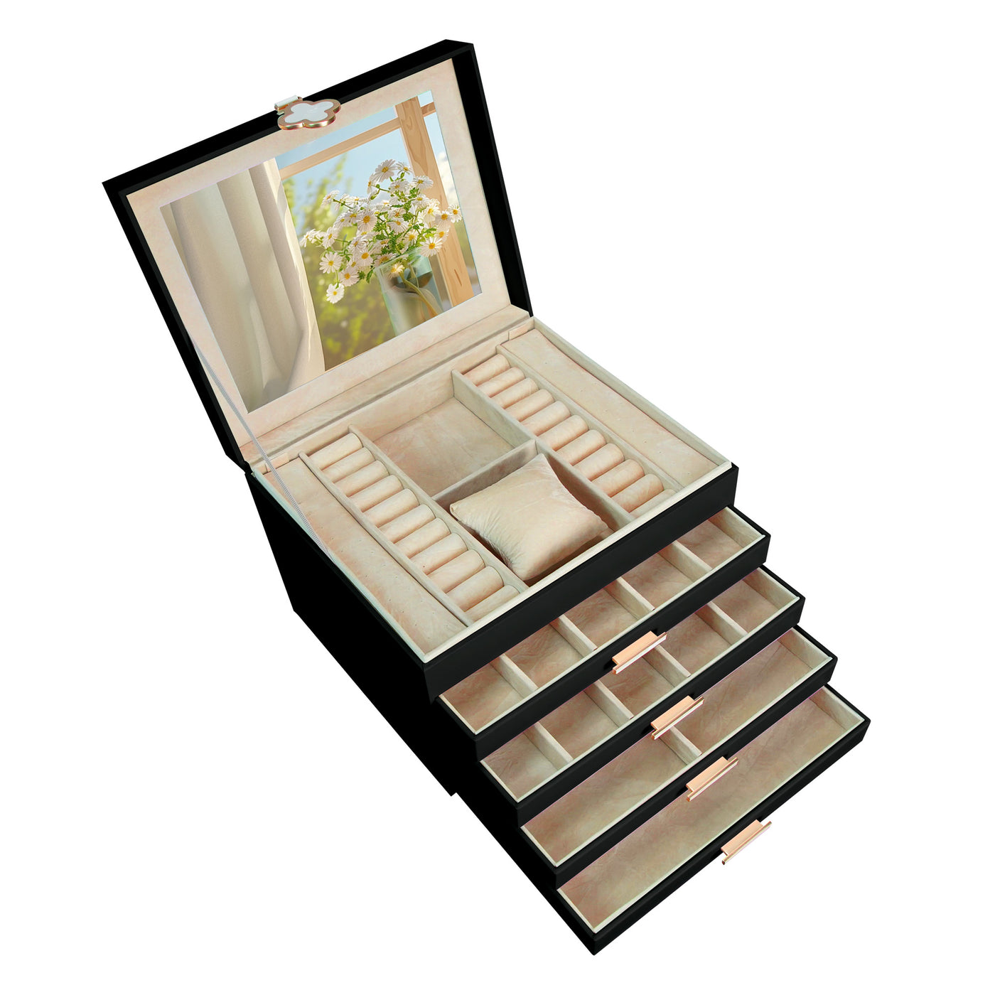 AdelDream 5-stöckige Schmuckkästchen mit Kleeblatt-Knopf Schmuckaufbewahrung mit ausziehbarem Tablett Schmuck Organizer mit großem Spiegel,DIY verstellbare Fächer