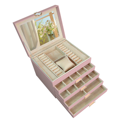 AdelDream 5-stöckige Schmuckkästchen mit Kleeblatt-Knopf Schmuckaufbewahrung mit ausziehbarem Tablett Schmuck Organizer mit großem Spiegel,DIY verstellbare Fächer