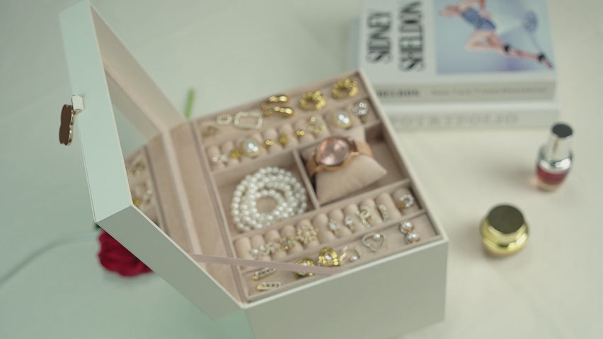 AdelDream 5-stöckige Schmuckkästchen mit Kleeblatt-Knopf Schmuckaufbewahrung mit ausziehbarem Tablett Schmuck Organizer mit großem Spiegel,DIY verstellbare Fächer