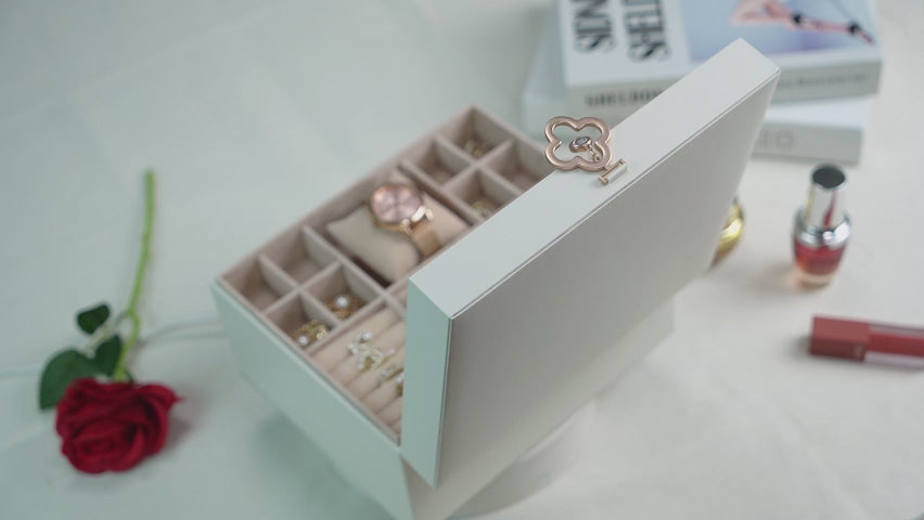 ADEL DREAM 3-stöckige Schmuckkästchen mit Kleeblatt-Knopf Schmuckaufbewahrung mit ausziehbarem Tablett Schmuck Organizer mit großem Spiegel,DIY verstellbare Fächer