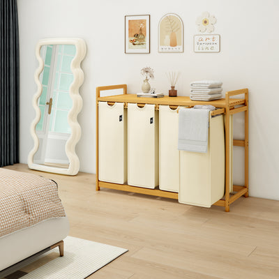 AdelDream Wäschekorb mit Bambusrahmen, 200 l, 4 Fächer Beige
