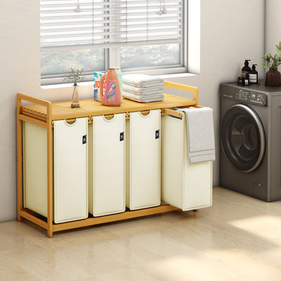 AdelDream Wäschekorb mit Bambusrahmen, 200 l, 4 Fächer Beige